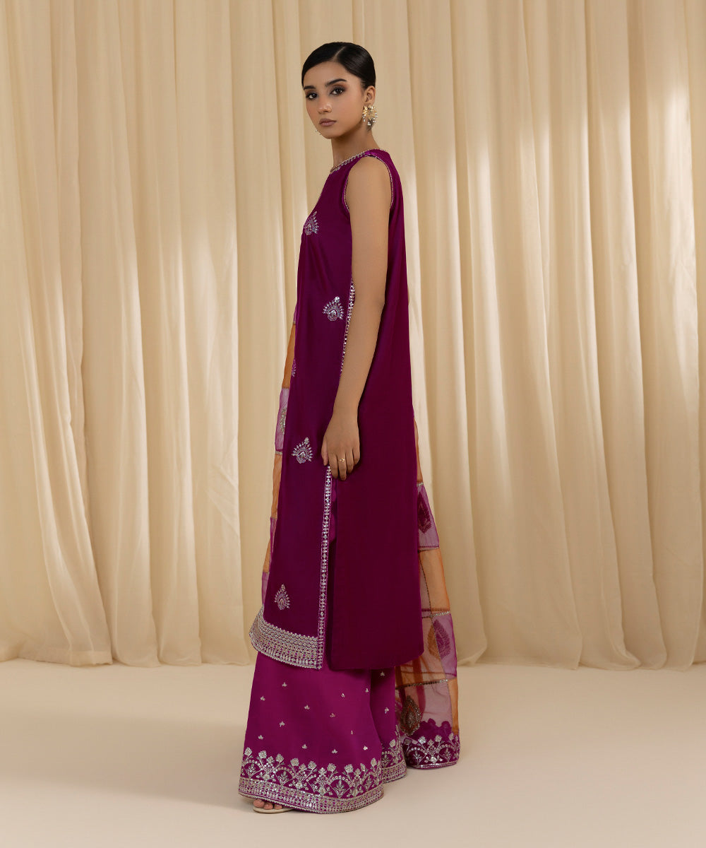 Women's Unstitched Embroidered Velvet Purple 3 Piece Suit