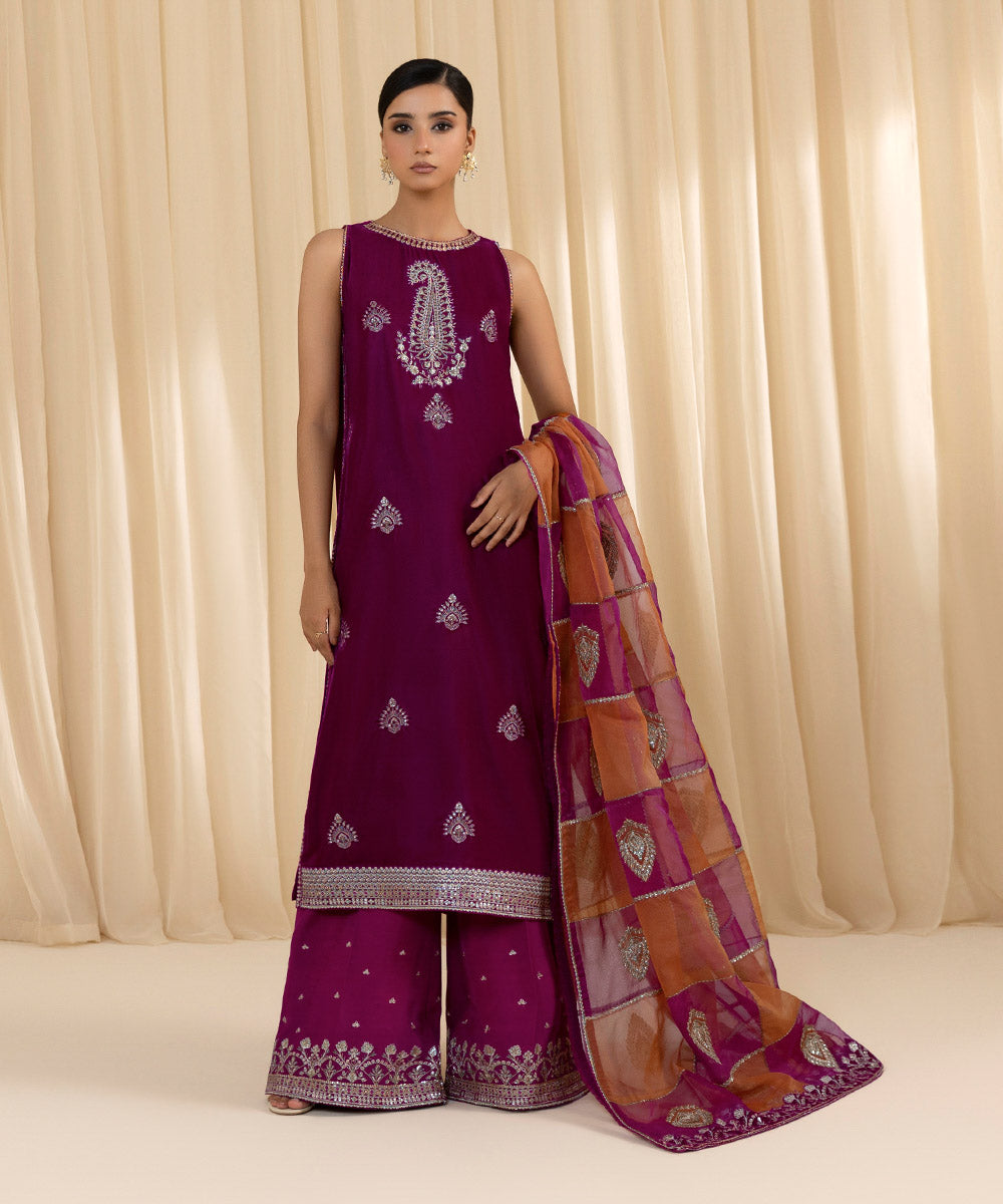 Women's Unstitched Embroidered Velvet Purple 3 Piece Suit