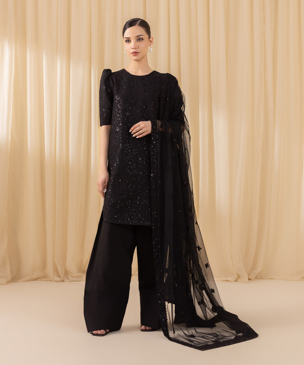 Women's Unstitched Embroidered Viscose Raw Silk Black 3 Piece Suit