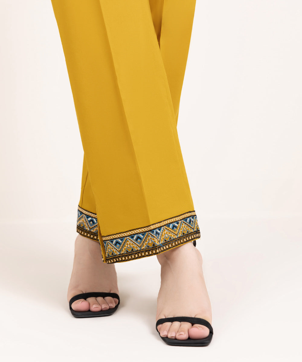 Women's Pret Cambric Embroidered Yellow Straight Pants