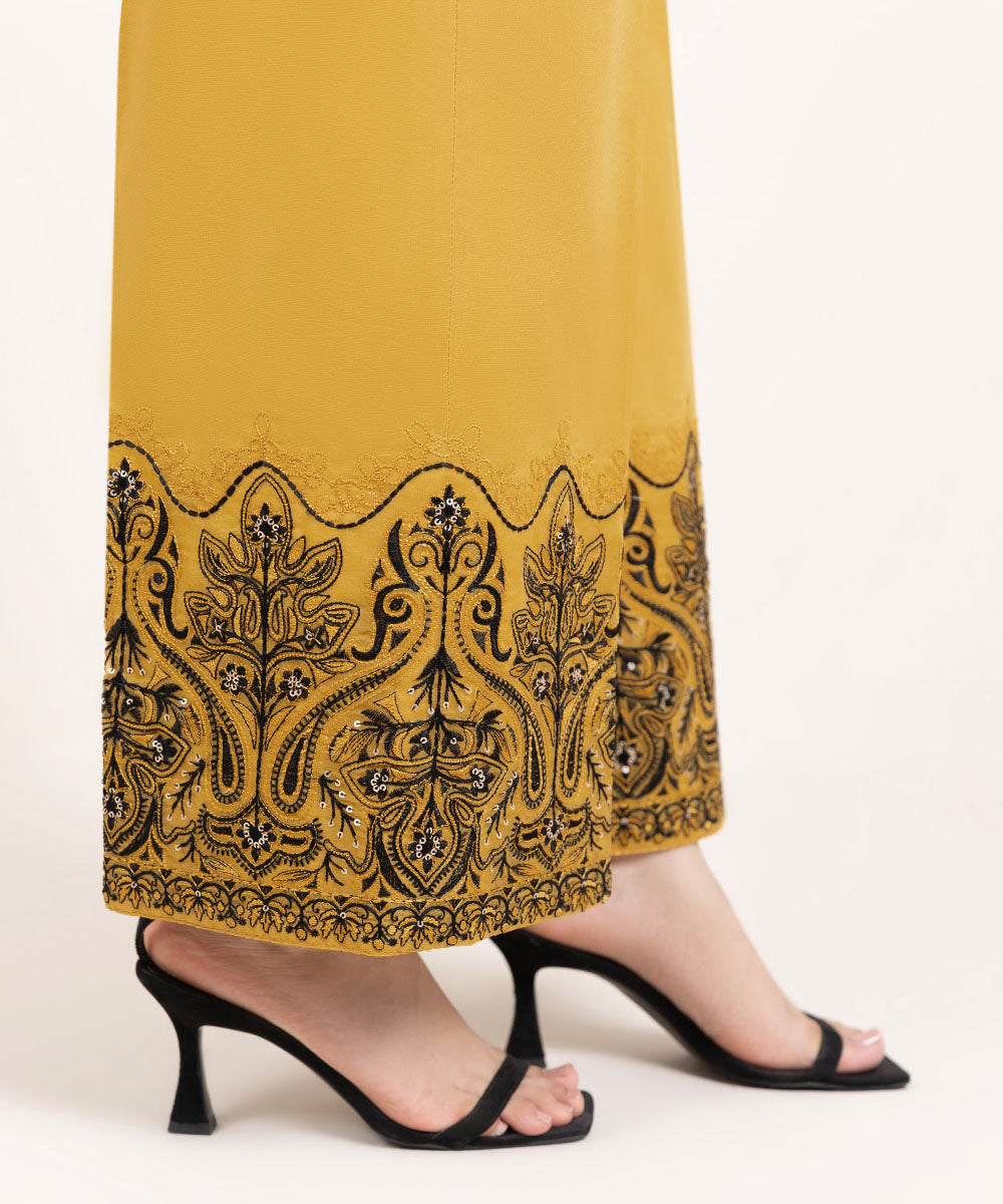 Women's Pret Cambric Embroidered Yellow Culottes