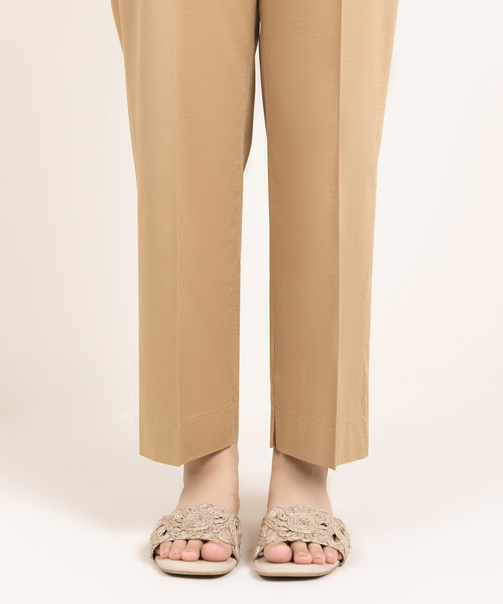 Women's Pret Dobby Solid Brown Straight Pants