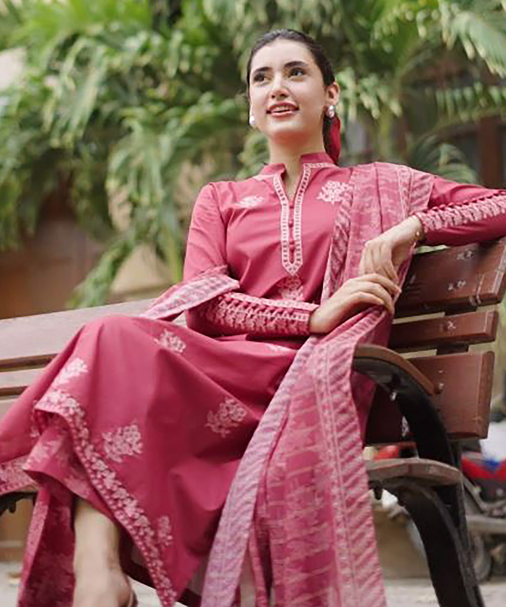 Women's Unstitched Lawn Red Embroidered 3 Piece Suit