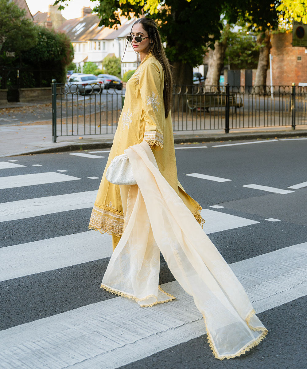 Blended Organza Yellow Printed Dupatta