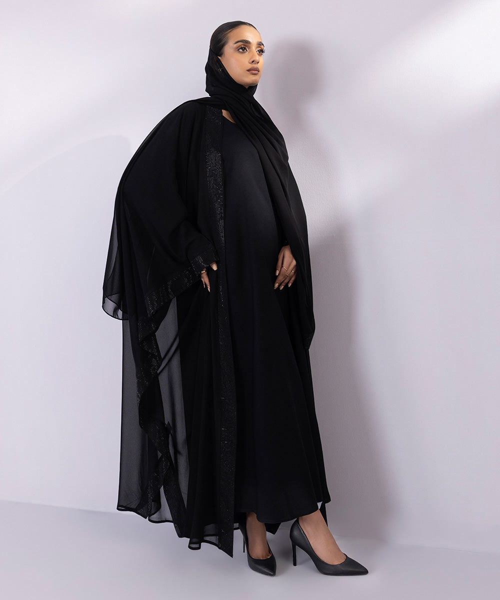 Women's Black Front Open Embellished Abbaya Set