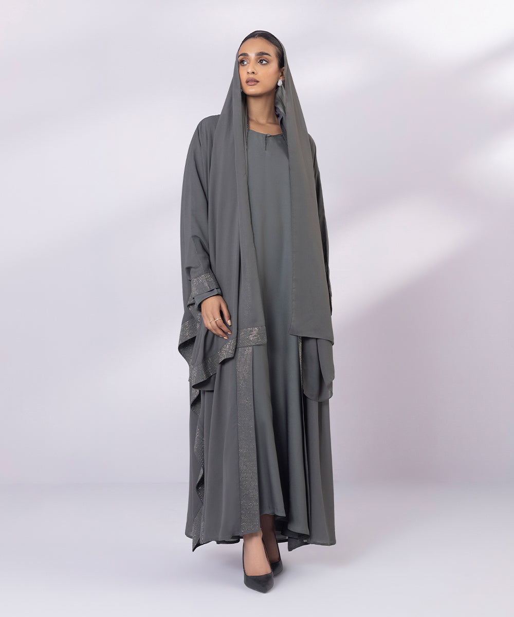 Women's Grey Front Open Embellished Abbaya Set