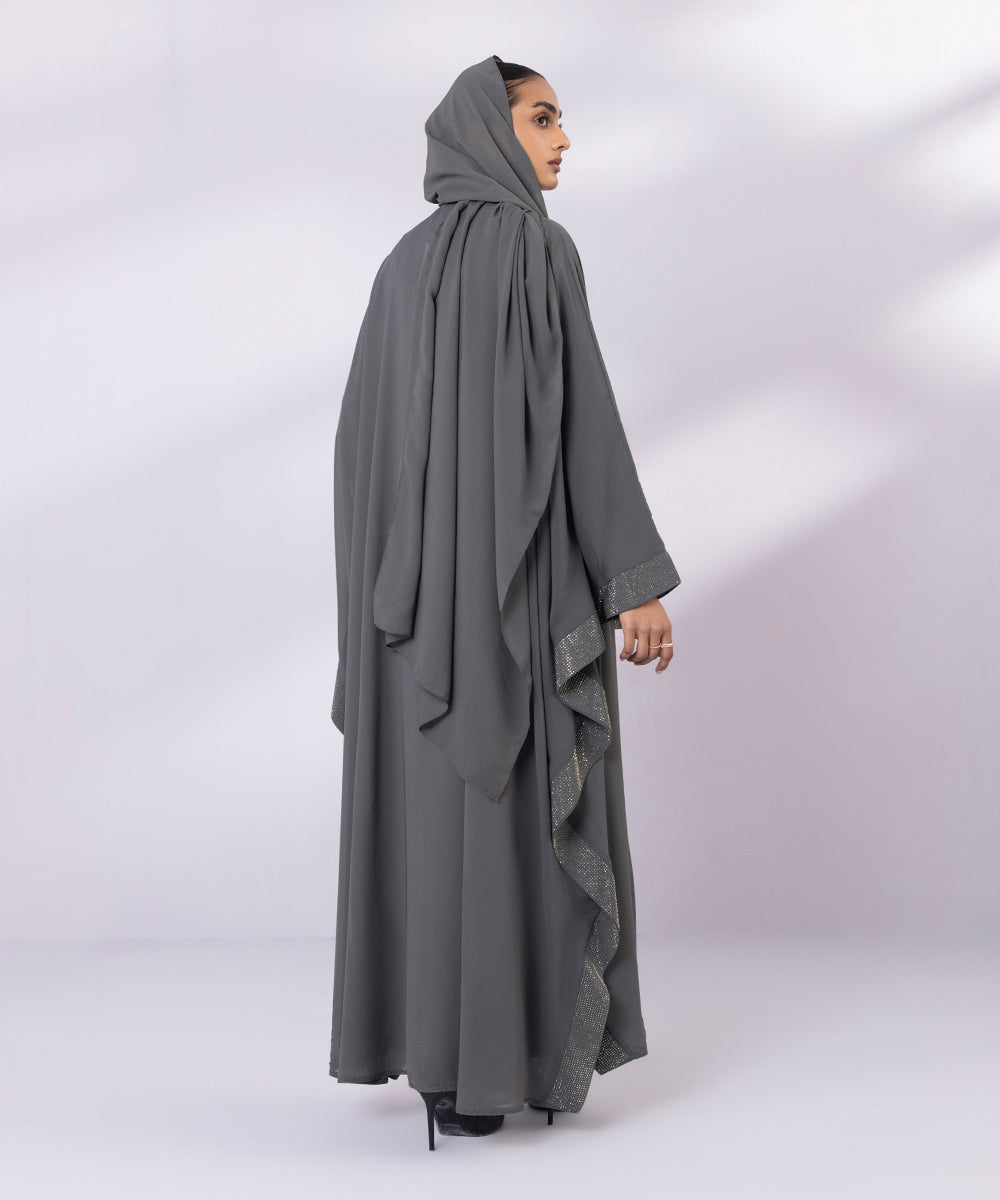 Women's Grey Front Open Embellished Abbaya Set