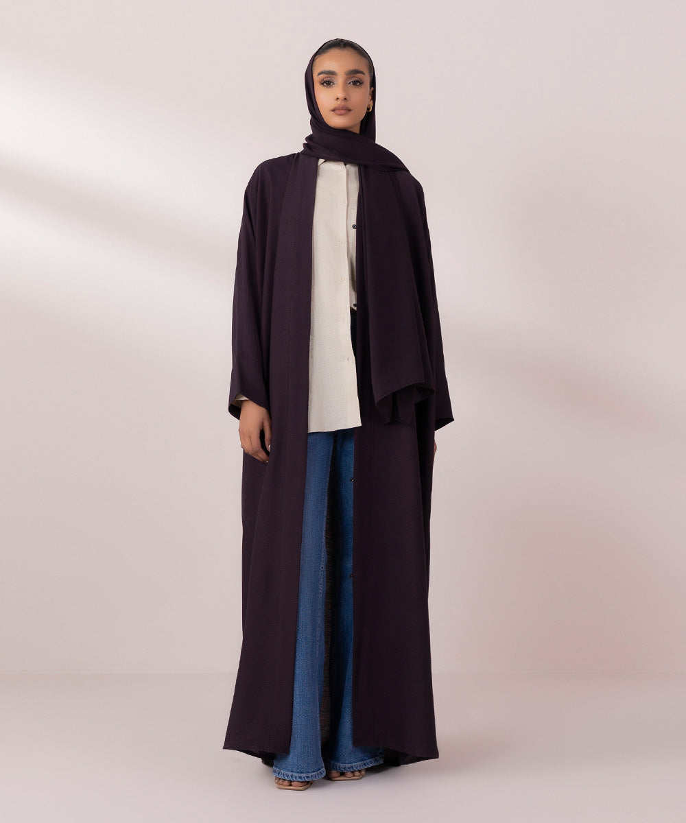 Women's Dark Purple Nida Front Open Crinkle Abaya Set