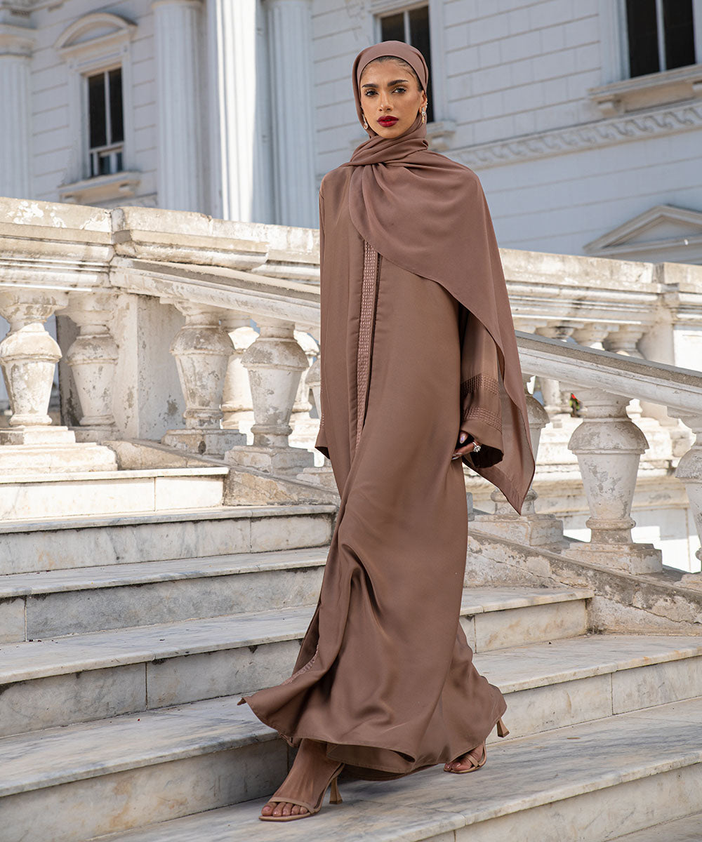 Women's Light Brown Nida Button Through Abaya Set