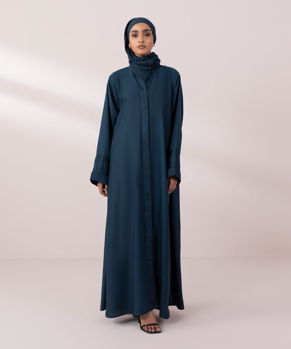 Women's Blue Nida Button Through Abaya Set