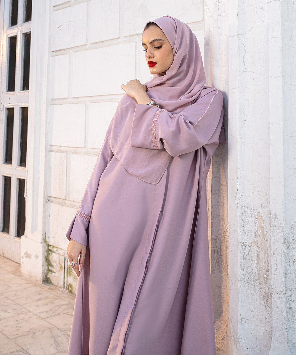 Women's Pastel Pink Nida Hand Embellished Abaya Set