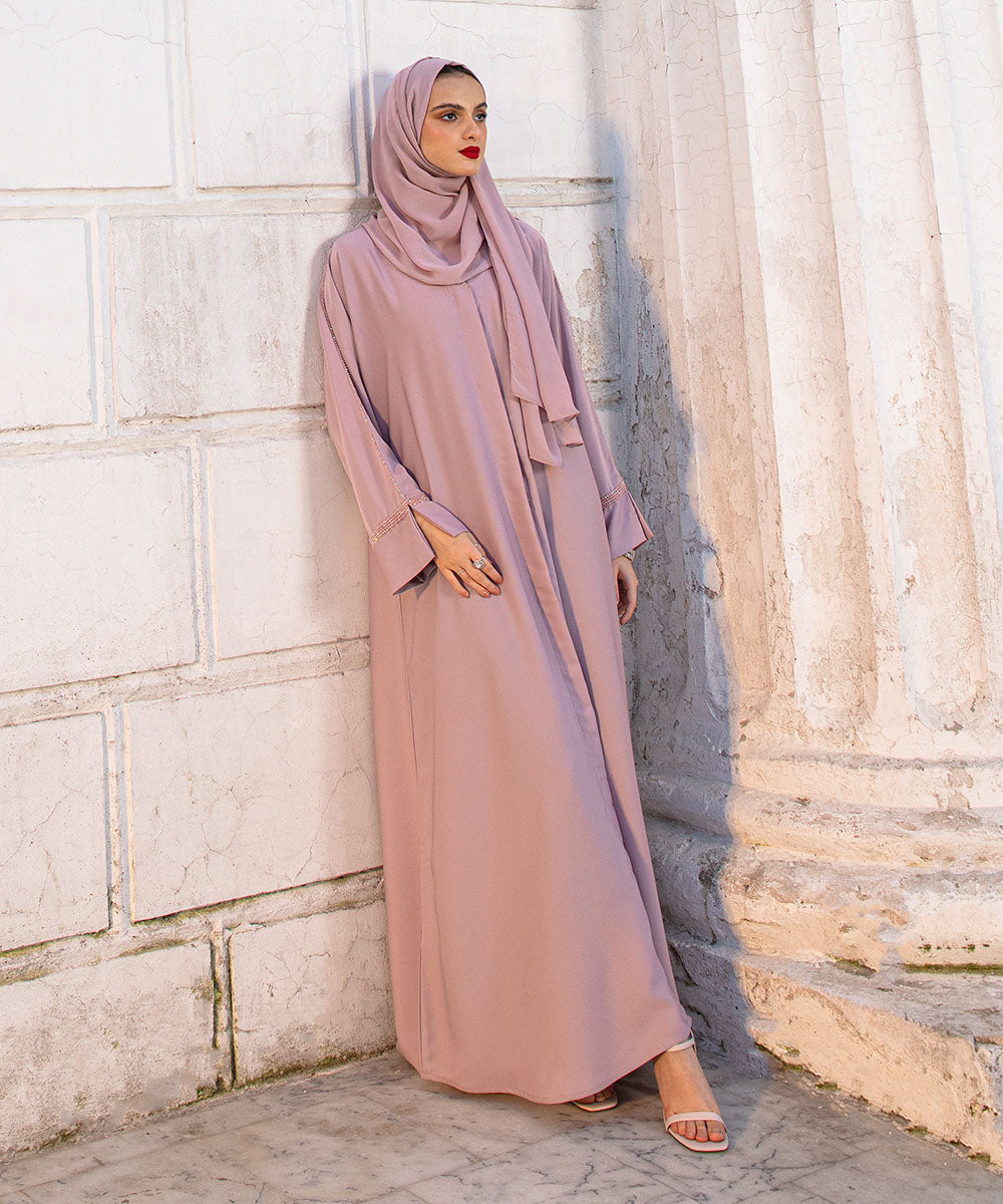 Women's Pastel Pink Nida Hand Embellished Abaya Set