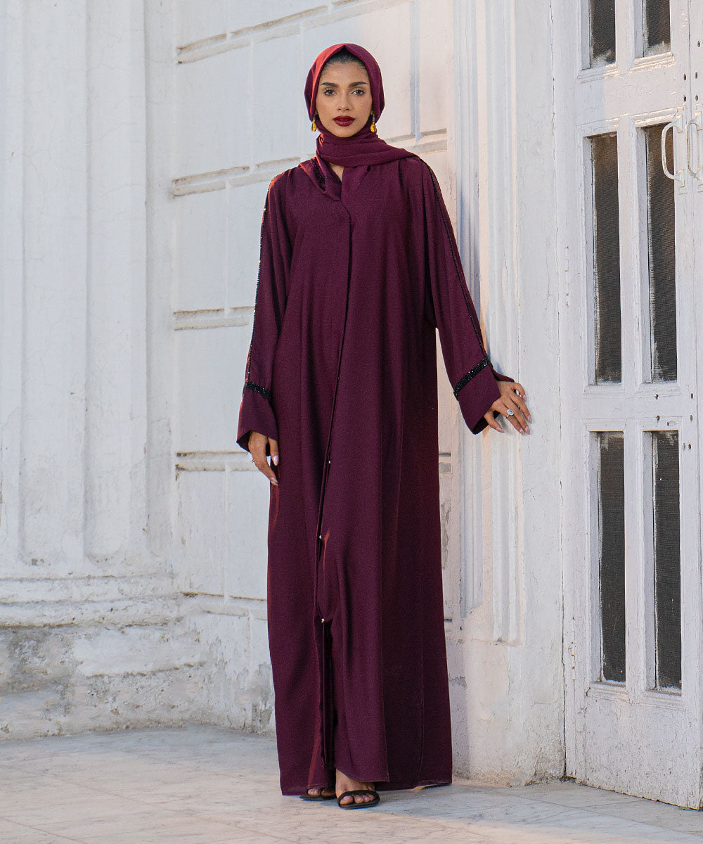 Women's Maroon Nida Hand Embellished Abaya Set