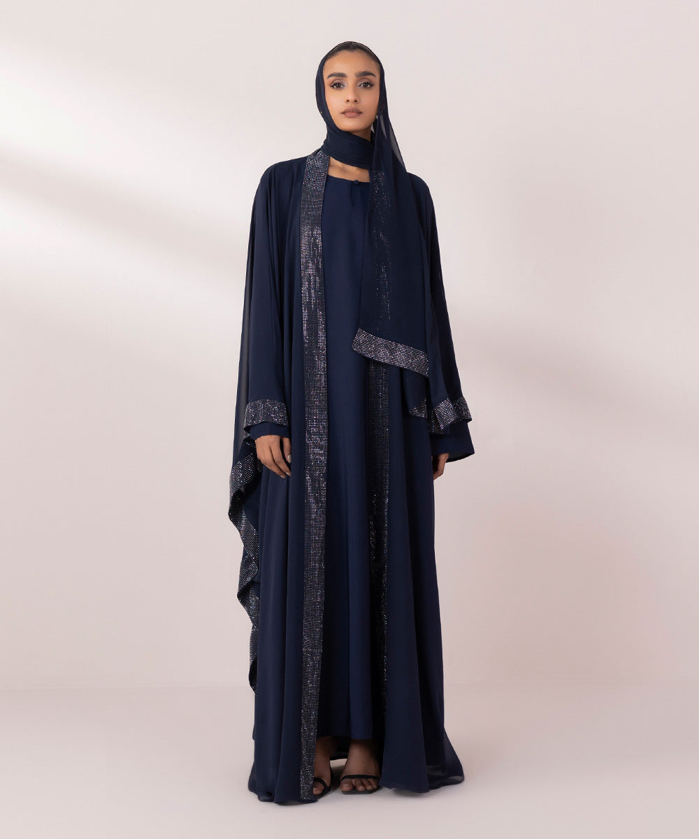 Women's Navy Blue China Chiffon Front Open Abaya Set