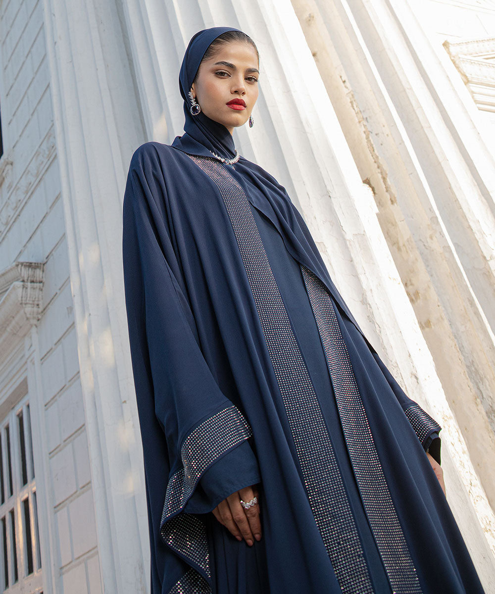 Women's Navy Blue China Chiffon Front Open Abaya Set