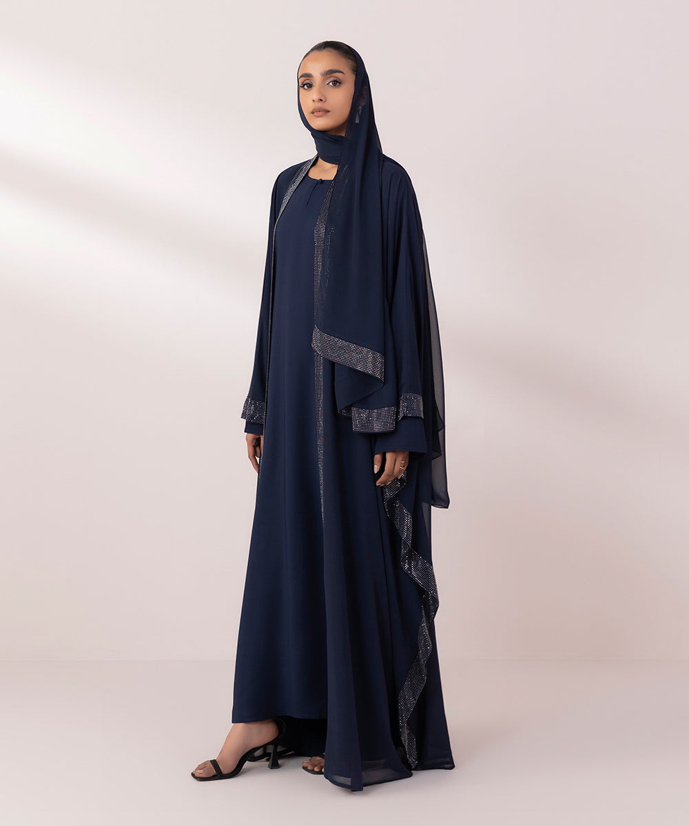 Women's Navy Blue China Chiffon Front Open Abaya Set