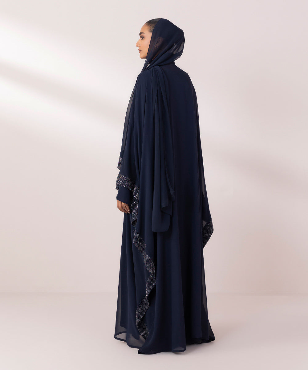 Women's Navy Blue China Chiffon Front Open Abaya Set