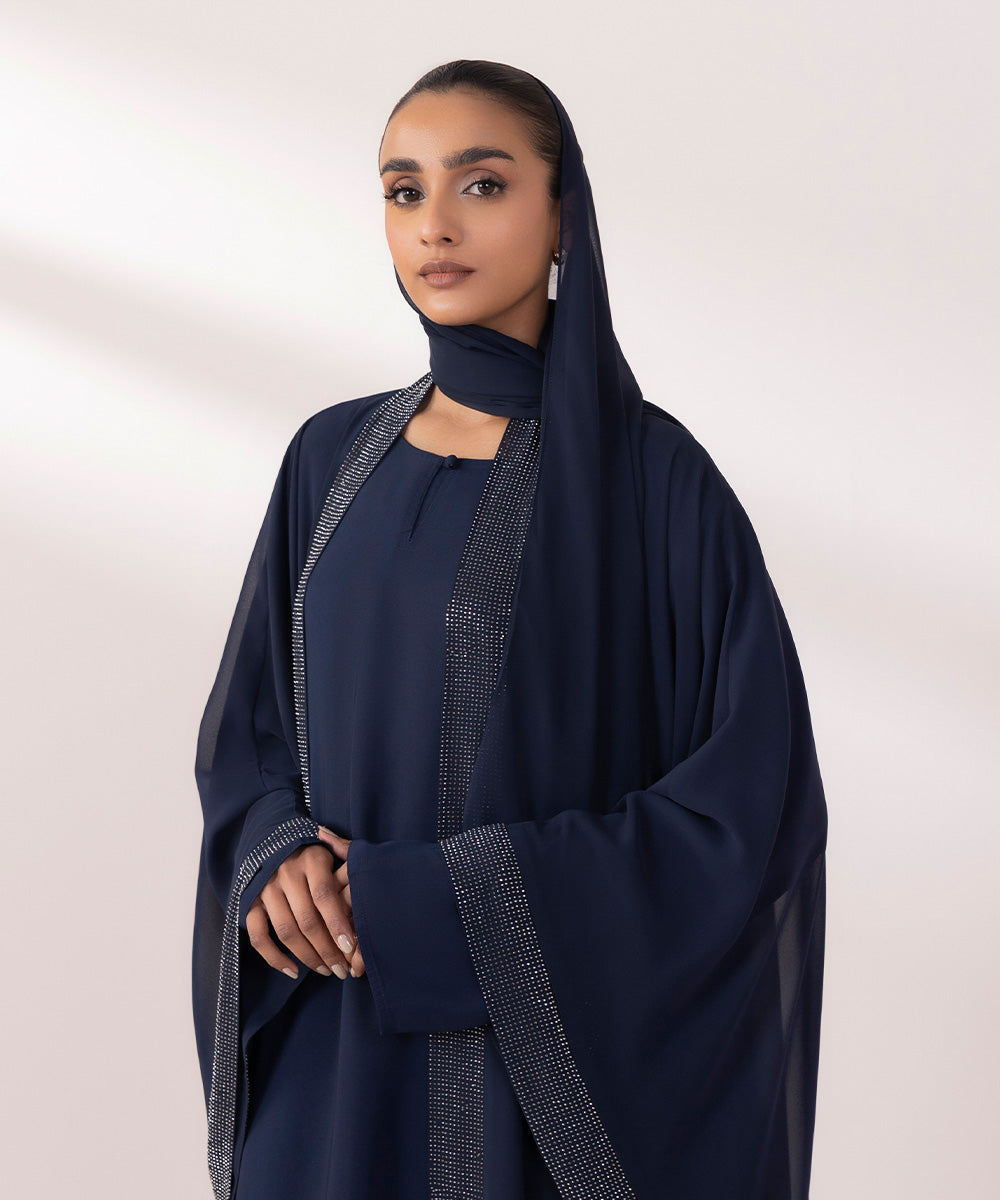 Women's Navy Blue China Chiffon Front Open Abaya Set