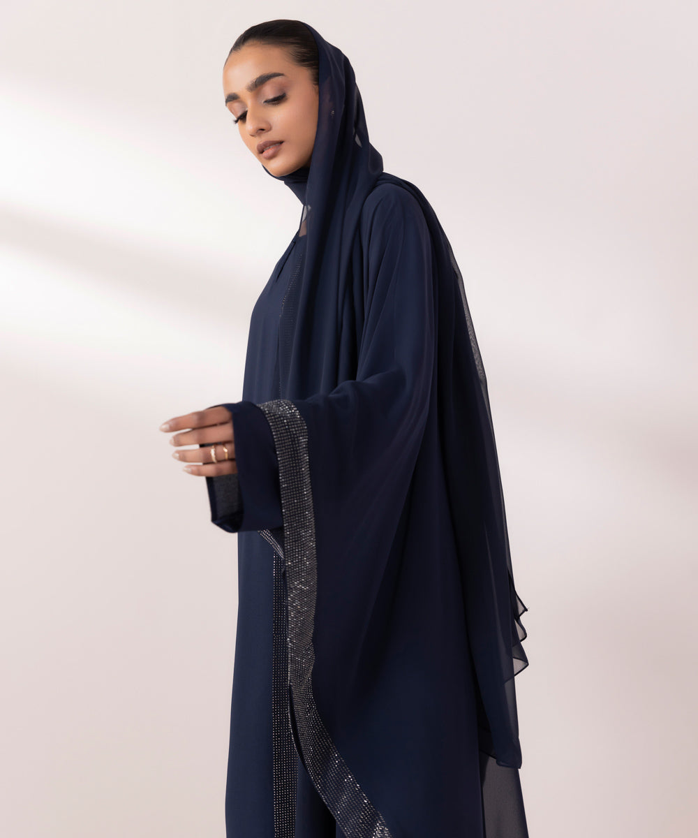 Women's Navy Blue China Chiffon Front Open Abaya Set