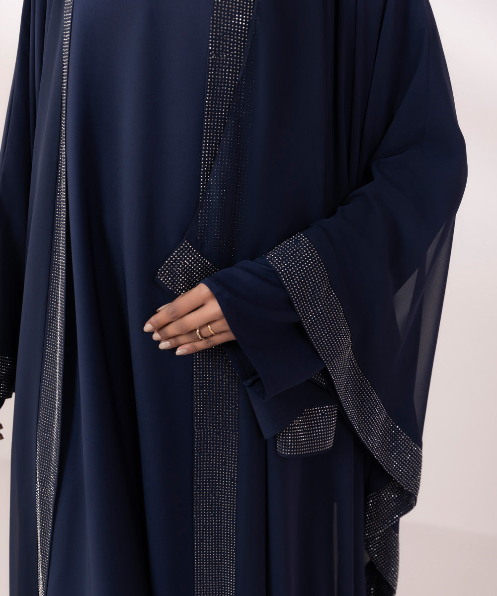 Women's Navy Blue China Chiffon Front Open Abaya Set