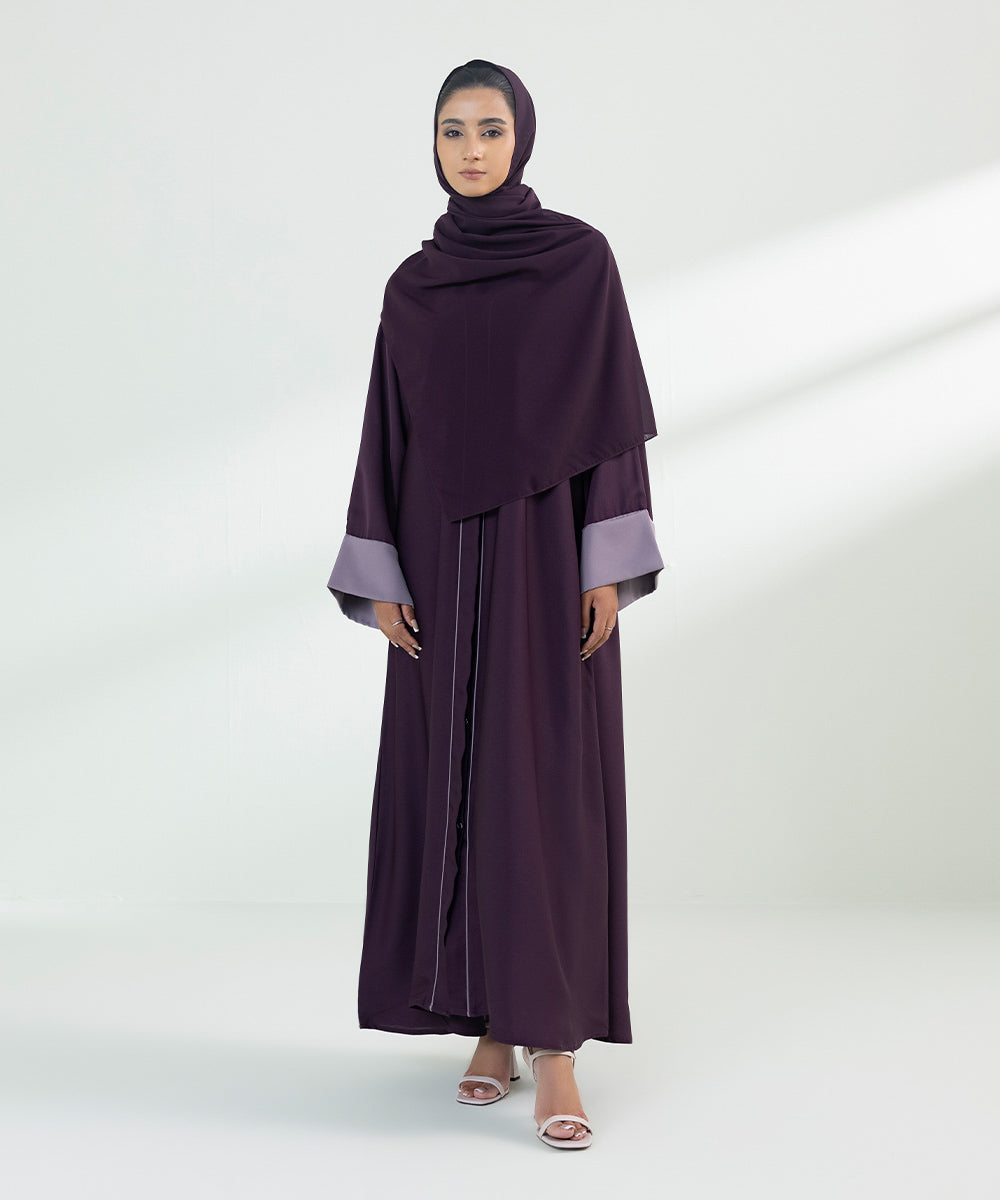 Women's Dark Plum Button Through Abaya With Contrast 