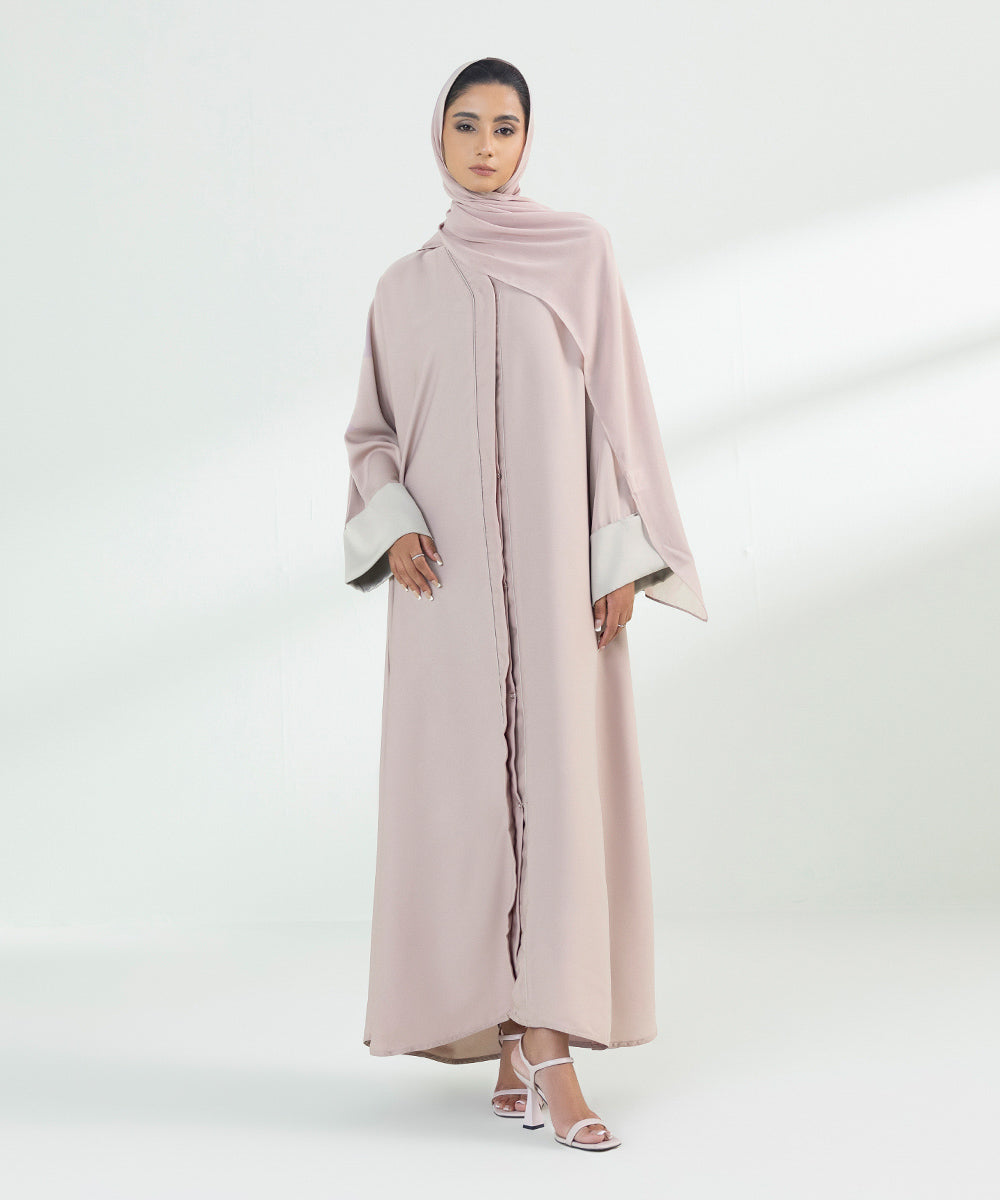 Women's Pastel Pink Button Through Abaya With Contrast 