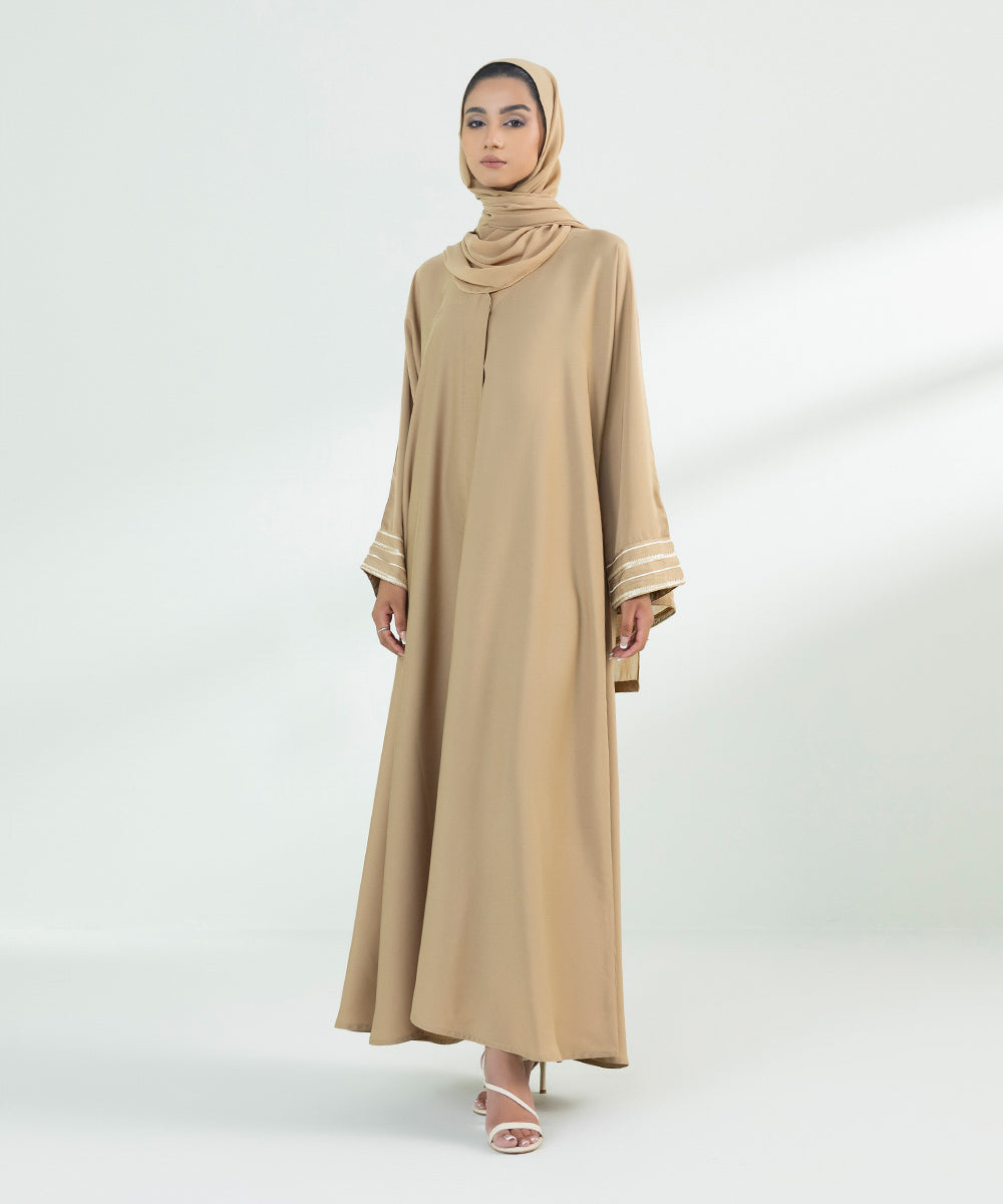 Women's Sand Button Through Abaya Set With Contrast Embroidery