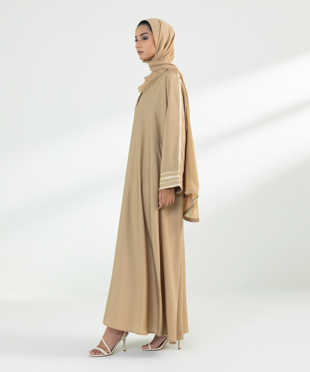 Women's Sand Button Through Abaya Set With Contrast Embroidery