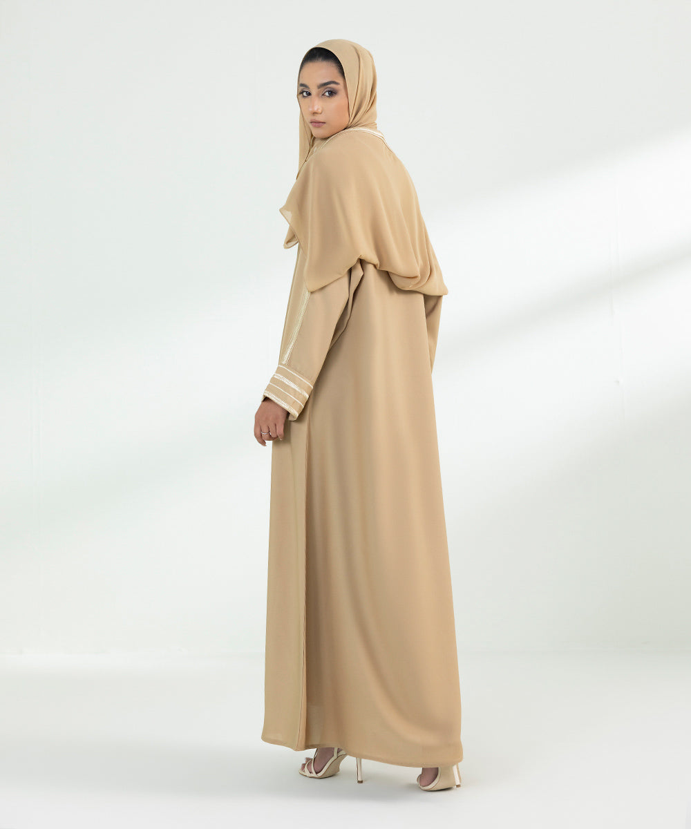 Women's Sand Button Through Abaya Set With Contrast Embroidery