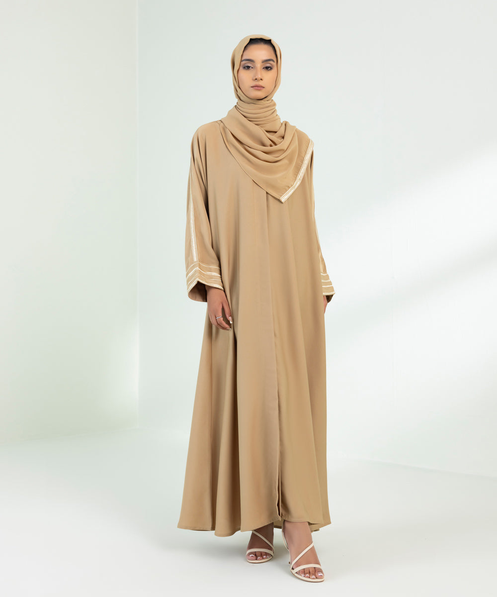 Women's Sand Button Through Abaya Set With Contrast Embroidery