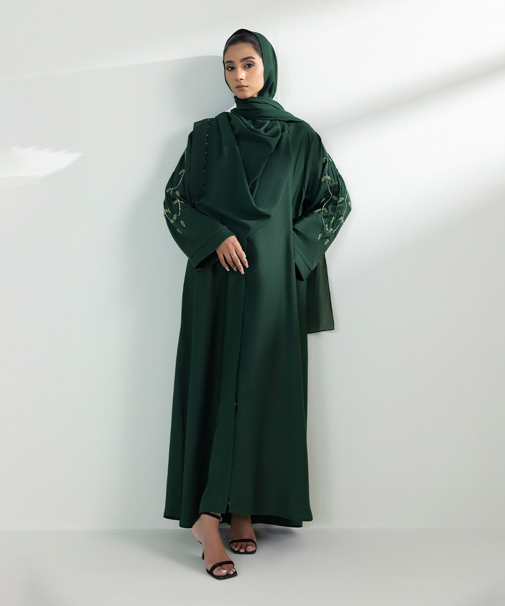 Women's Dark Green Hand Embellished Abaya Set