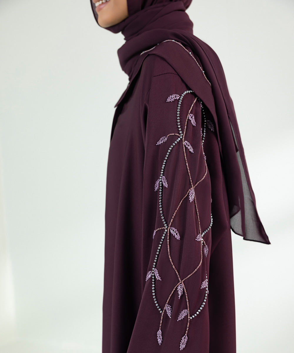 Women's Maroon Hand Embellished Abaya Set