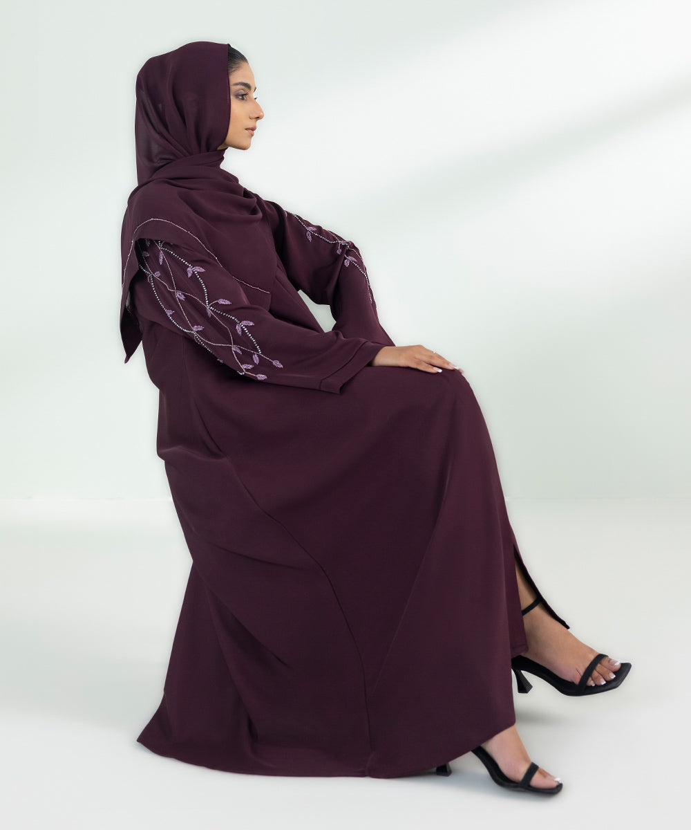 Women's Maroon Hand Embellished Abaya Set