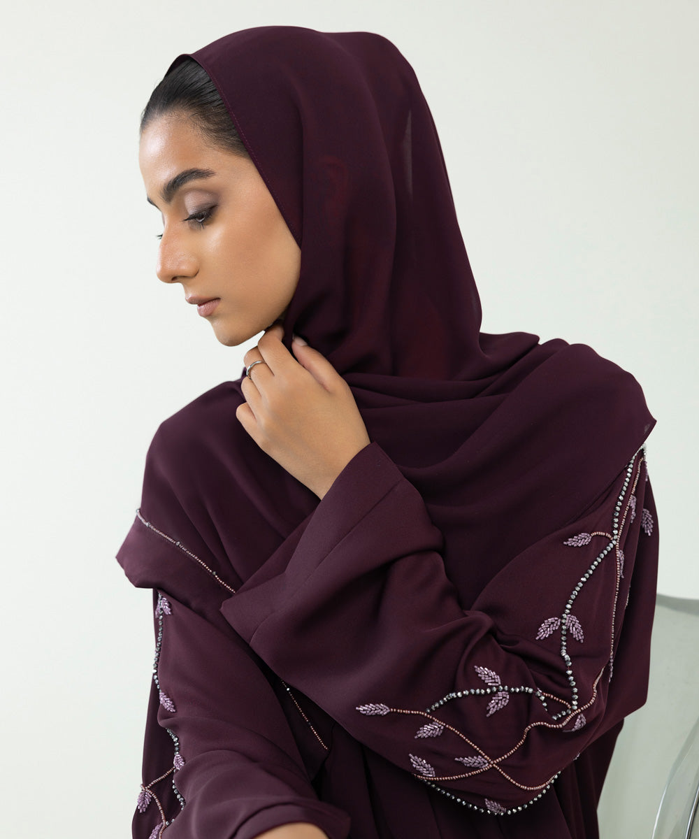 Women's Maroon Hand Embellished Abaya Set