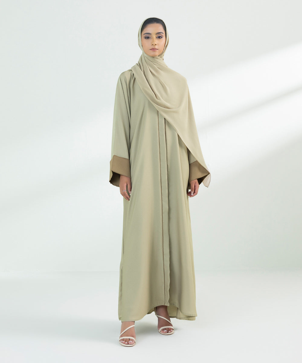 Women's Beige Button Through Abaya With Contrast 
