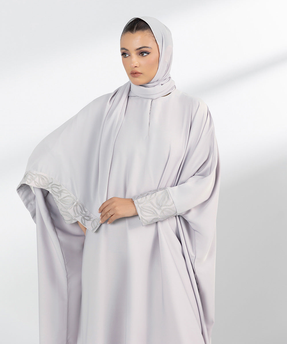 Women's Embroidered Light Grey Kaftan Abbaya Set