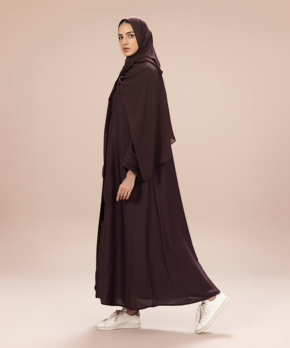 Women's Maroon Nida Button Through Abaya With Lace Detail