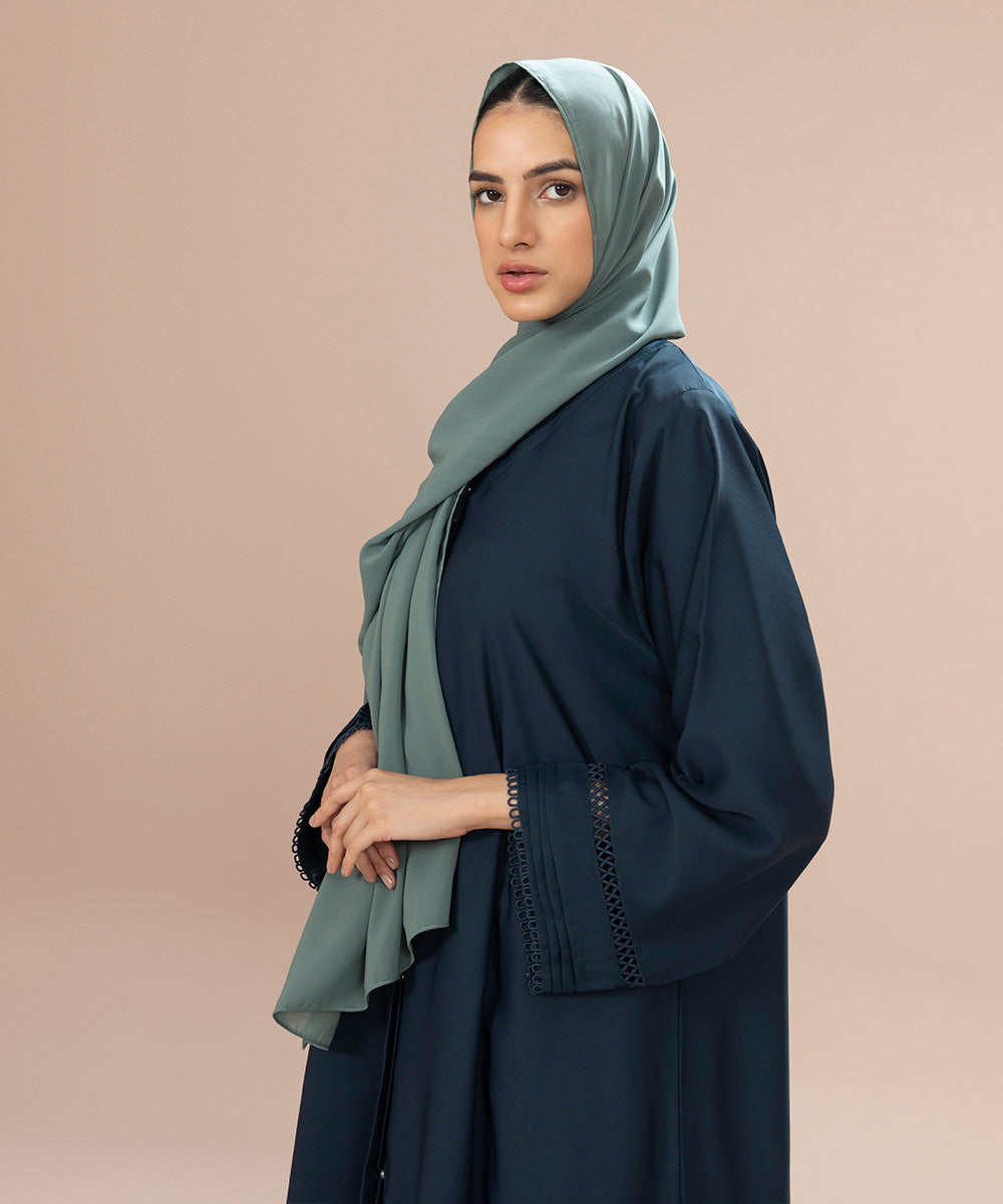 Women's Teal Nida Button Through Abaya With Lace Detail