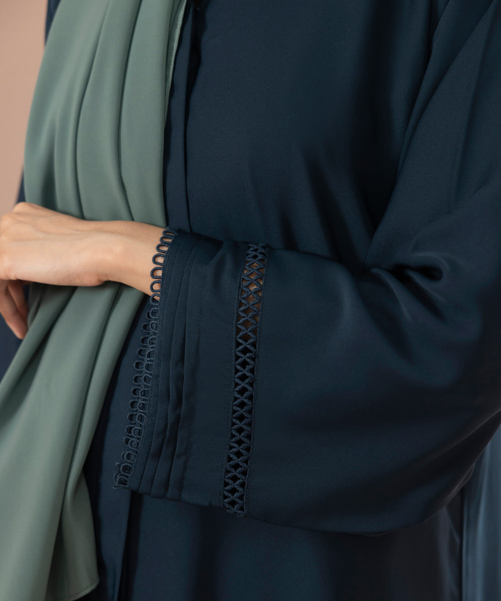 Women's Teal Nida Button Through Abaya With Lace Detail
