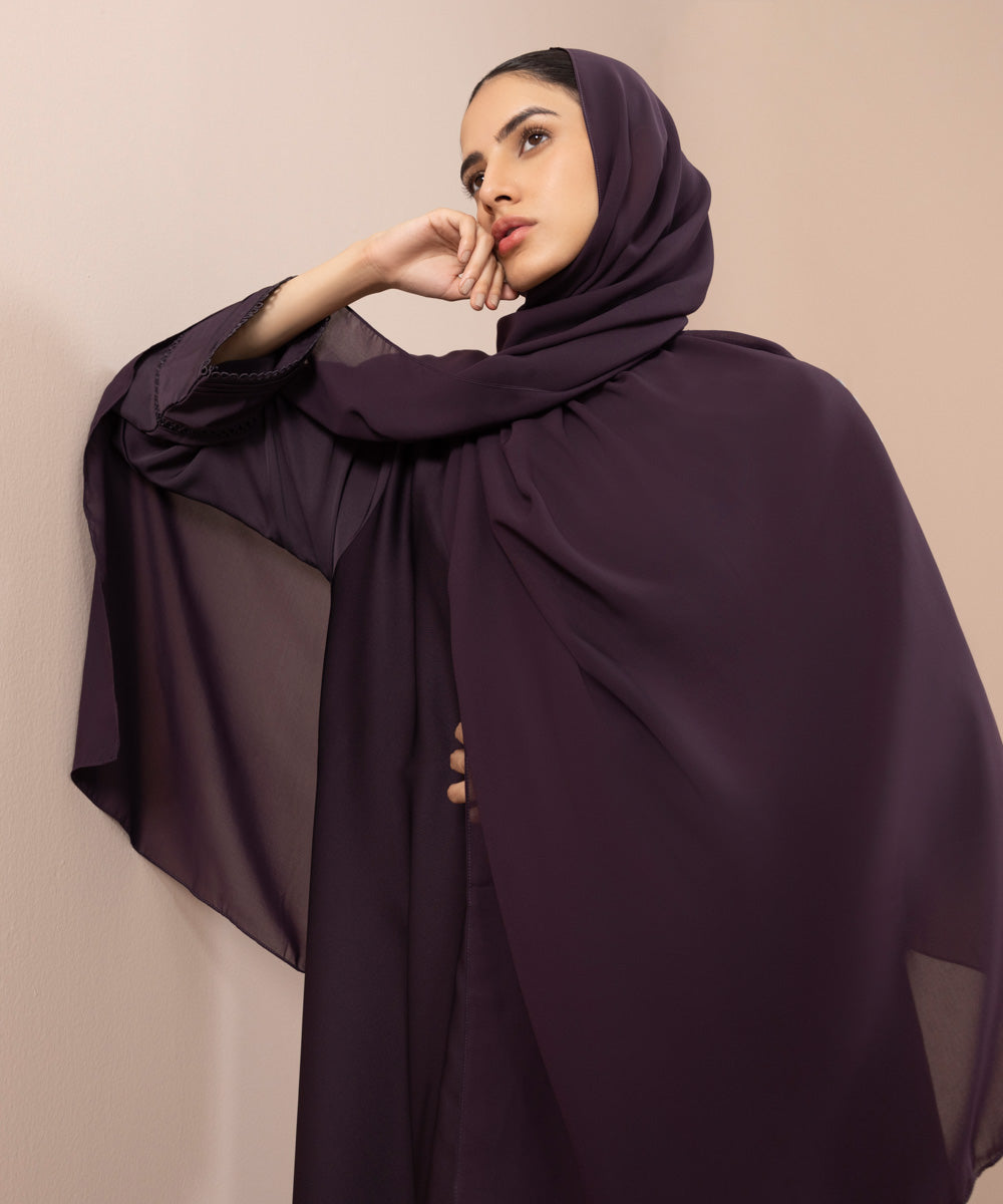 Women's Purple Nida Button Through Abaya With Lace Detail