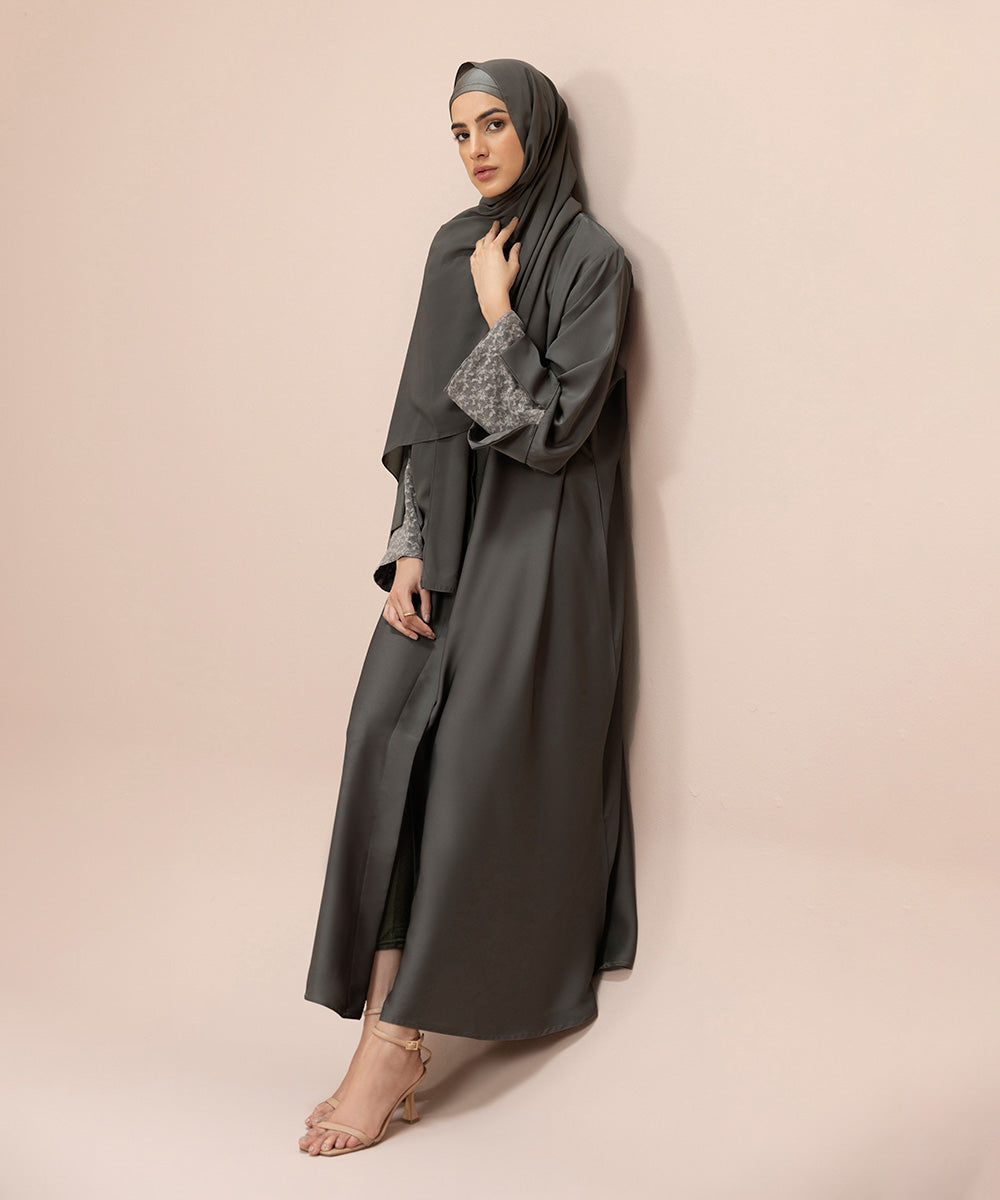 Button Through Abaya Set With Net Fabric  Detail
