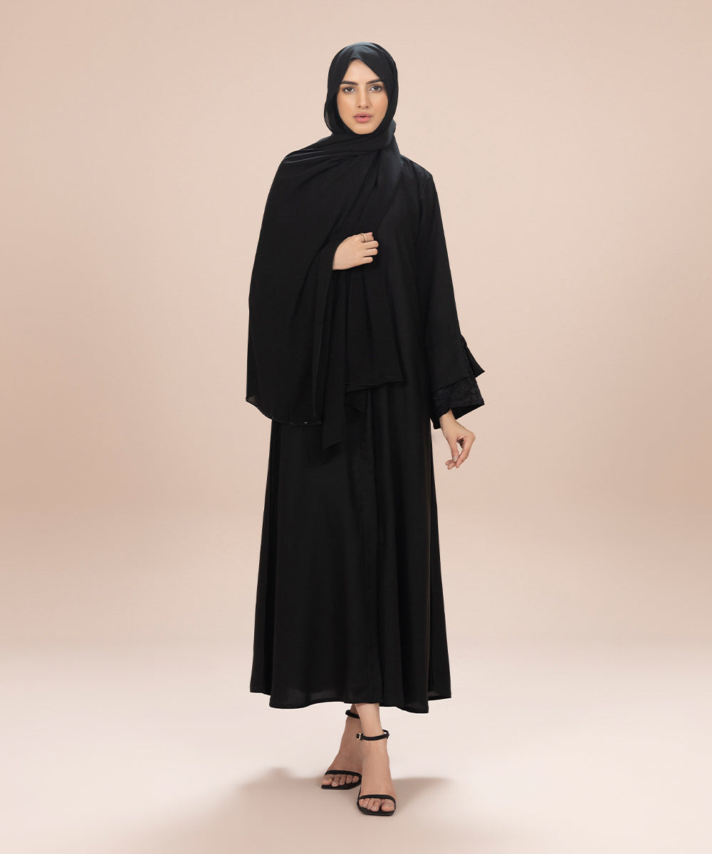 Women's Black Nida Button Through Abaya Set With Net Fabric Detail