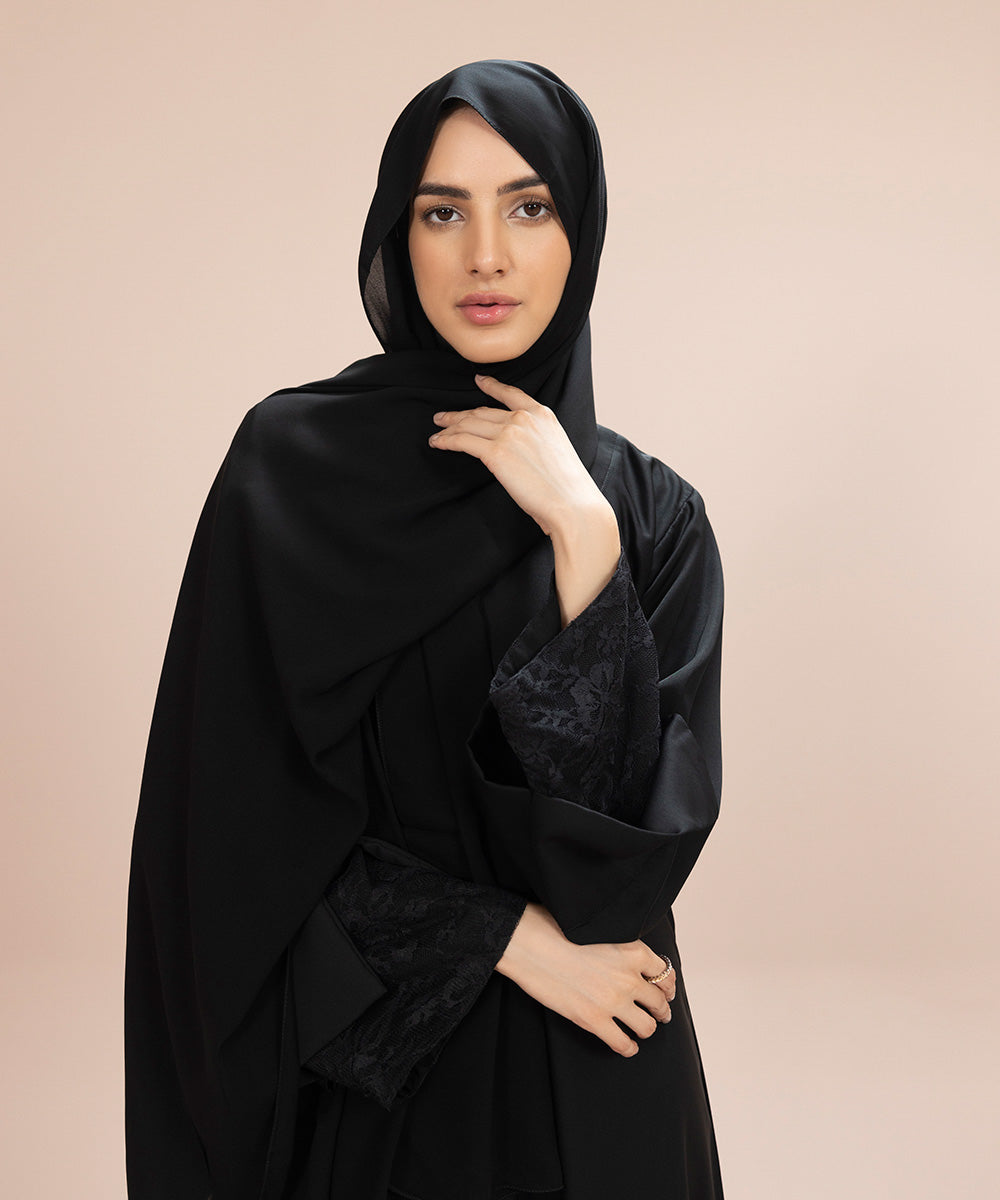 Women's Black Nida Button Through Abaya Set With Net Fabric Detail