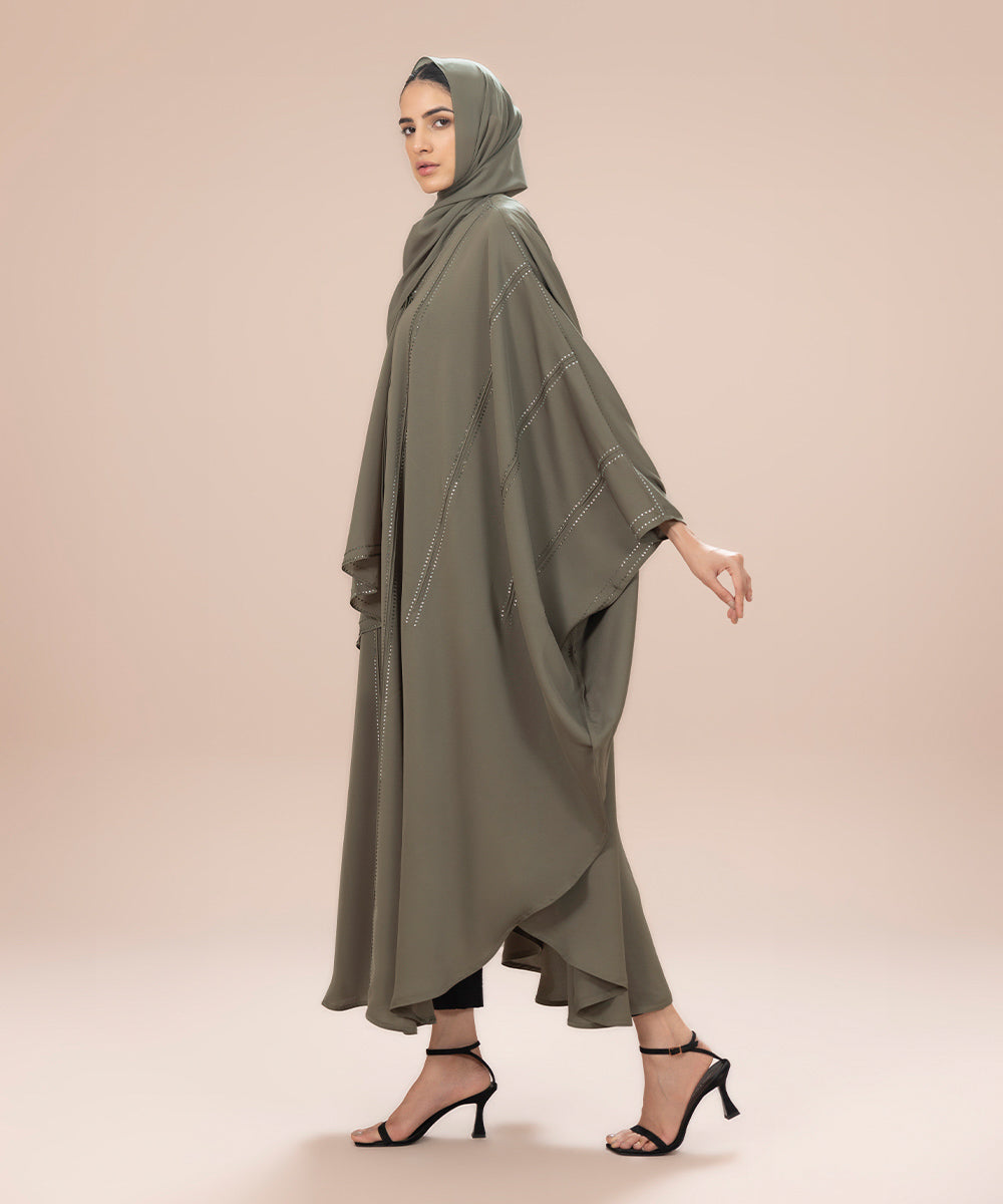 Women's Light Grey Nida Kaftan Abaya Set With Diamante Detail