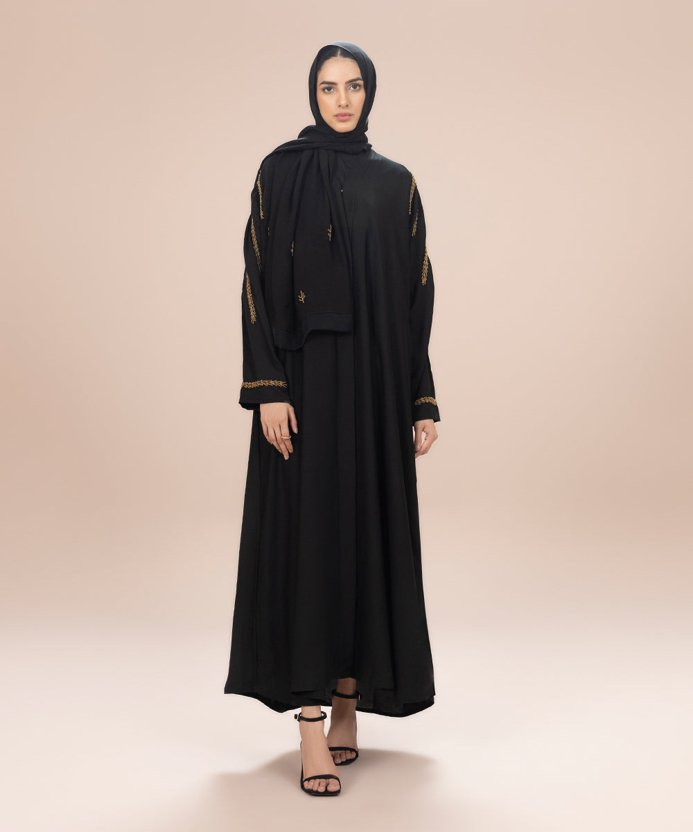 Women's Black Nida Hand Embellished Abaya Set