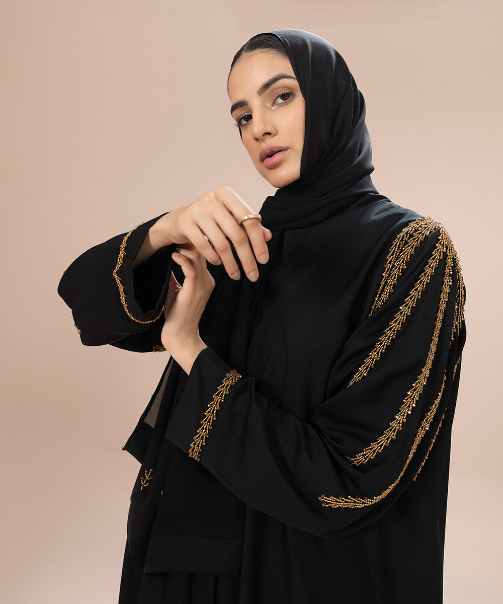 Women's Black Nida Hand Embellished Abaya Set