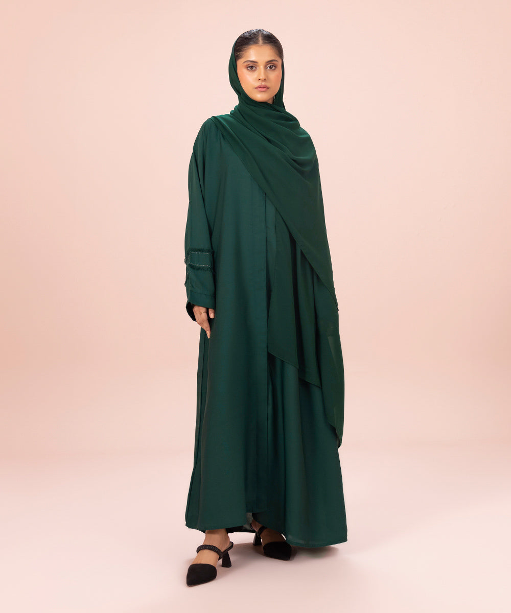 Women's Dark Green Button Through Abaya With Diamante Detail