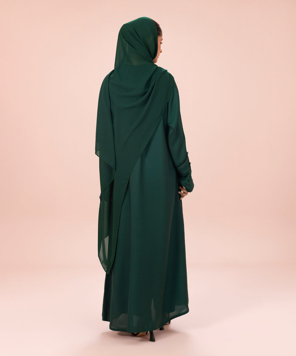 Women's Dark Green Button Through Abaya With Diamante Detail