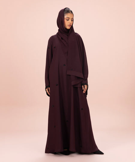 Women's Maroon Hand Embellished Abaya Set
