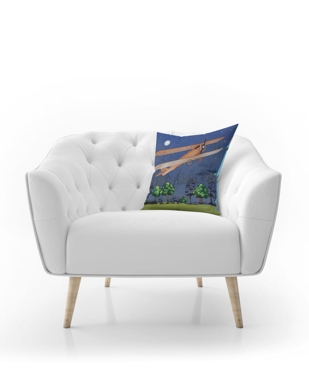 100% Cotton Digital Printed Blue Cityscape Cushion Cover